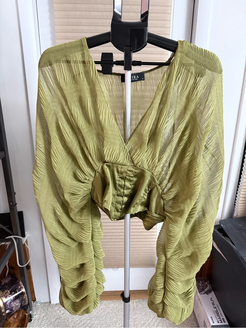 AKIRA olive green Chiffon Blouse deep V-Neck structured ruched bodice dramatic M